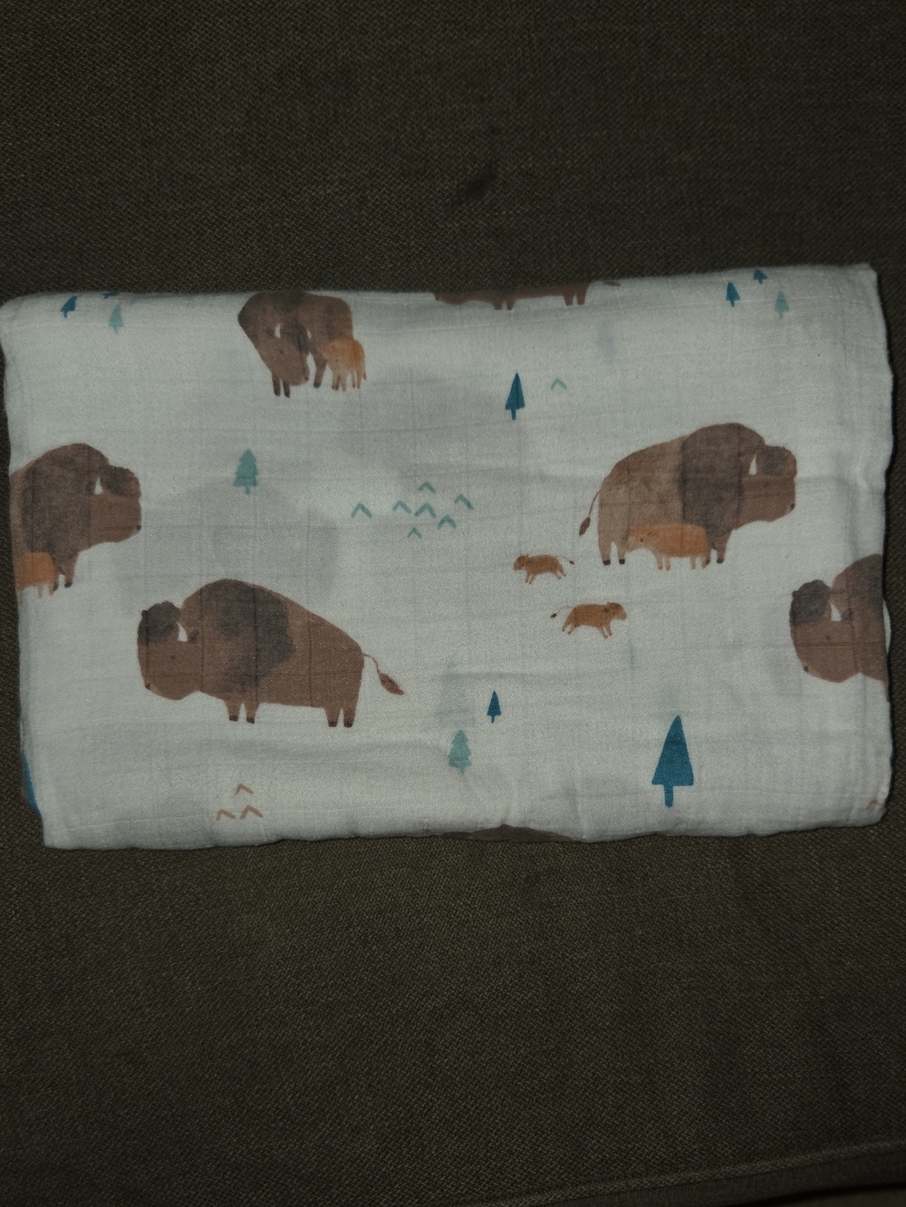 Angel Dear Buffalo Print Muslin Swaddle Blanket - White, Brown, Teal